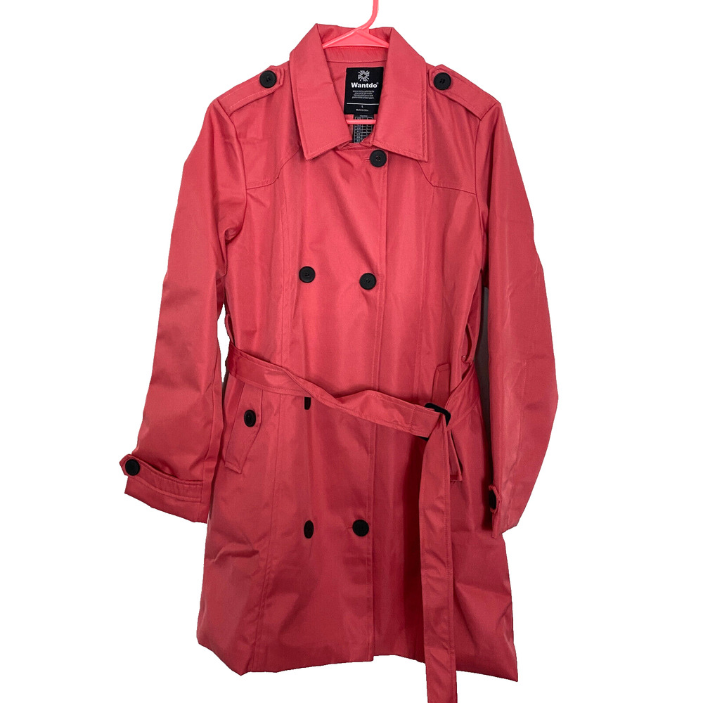 Wantdo Trench Coat Womens Size Large Pink Waterproof Classic Lapel with Belt
